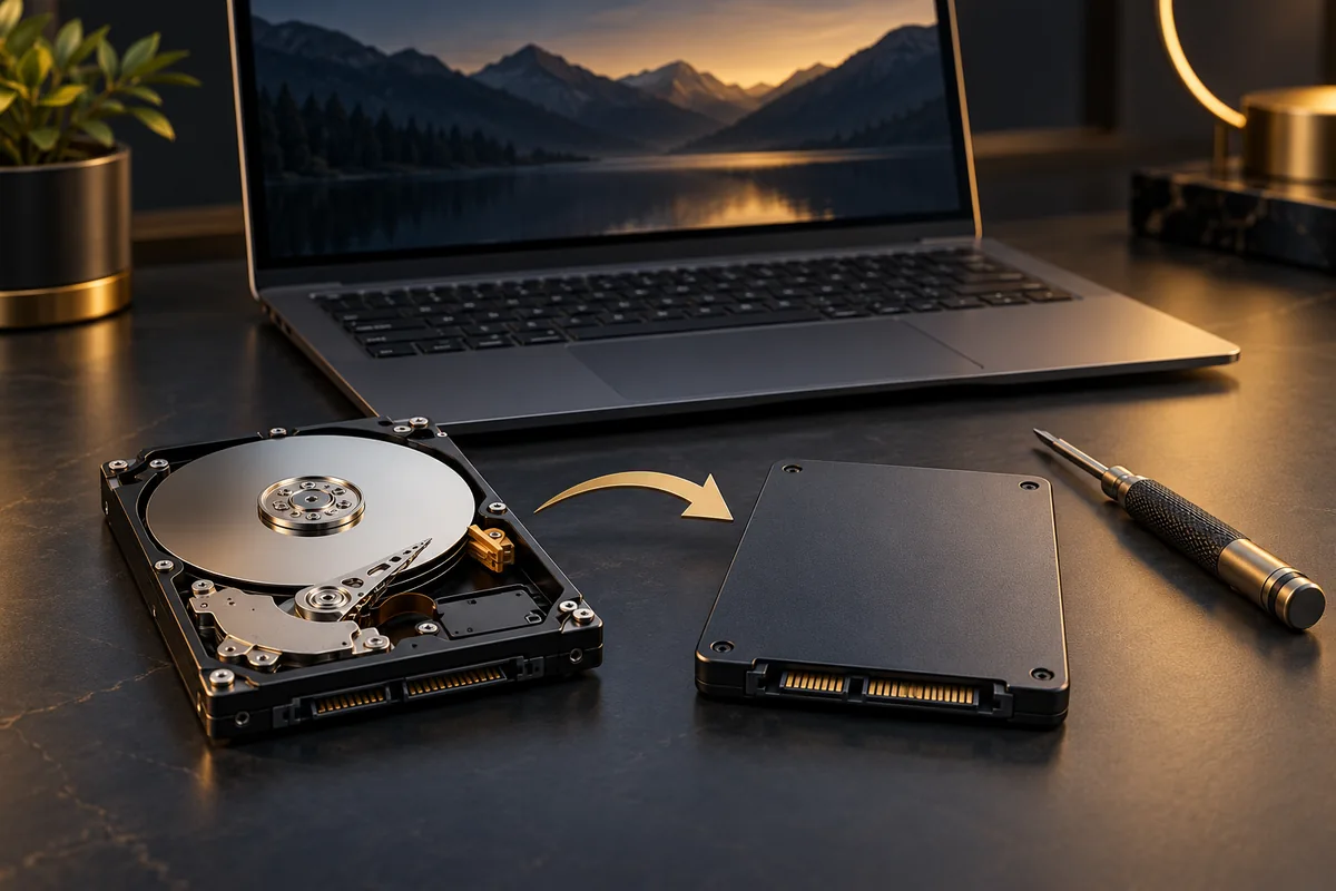 Ноутбук, HDD жана SSD сактагычтары, алмаштыруунун багытын көрсөткөн жебе